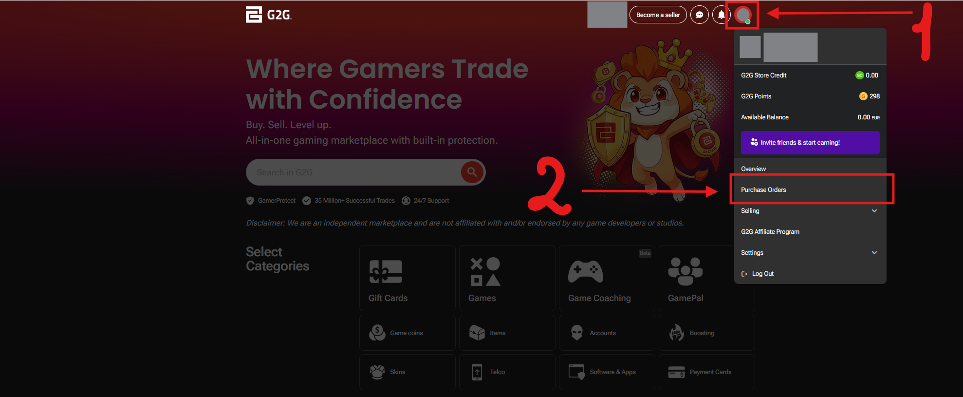 Open profile menu and select Purchase Orders on G2G