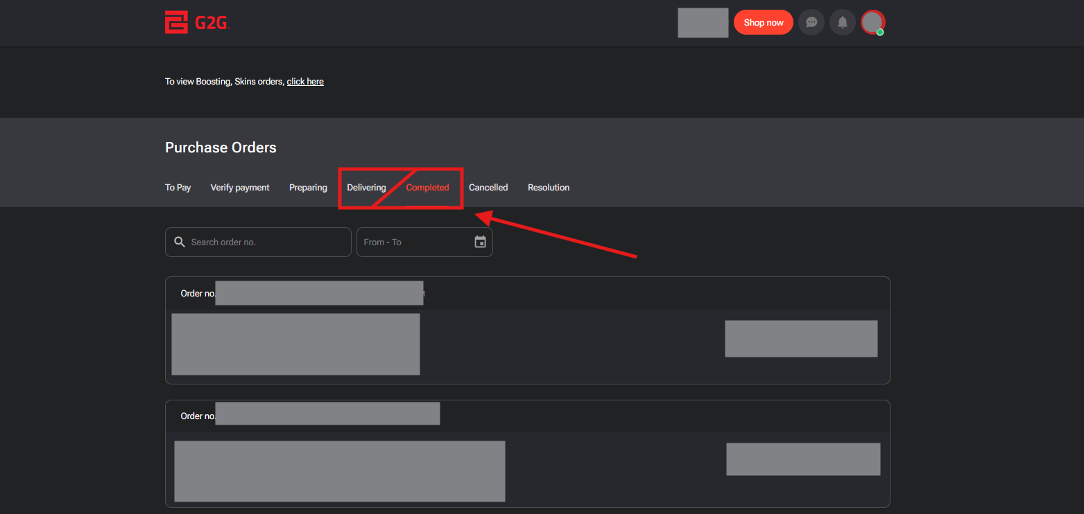 Select Delivering or Completed order status on G2G