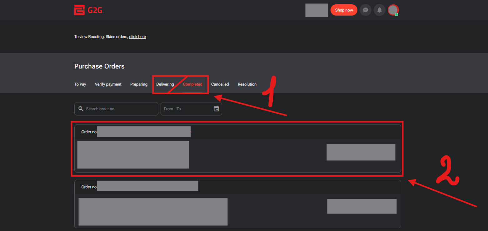 Select Delivering or Completed and open your order on G2G