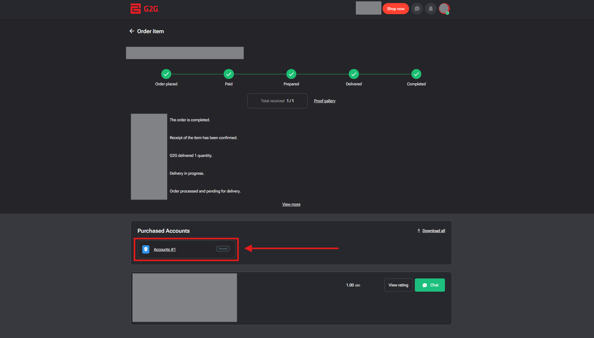 Open the purchased account on the G2G order page